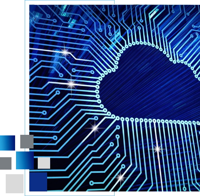 A computer circuit board with the cloud in the center.